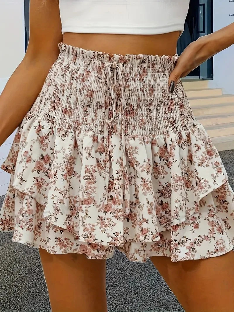 Short femme taille élastique imprimé floral – Casual chic, ourlet superposé, été