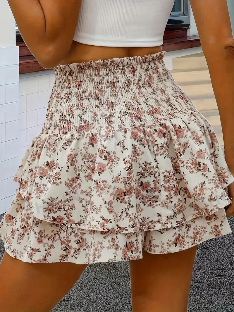 Short femme taille élastique imprimé floral – Casual chic, ourlet superposé, été