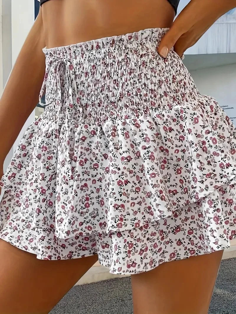 Short femme taille élastique imprimé floral – Casual chic, ourlet superposé, été