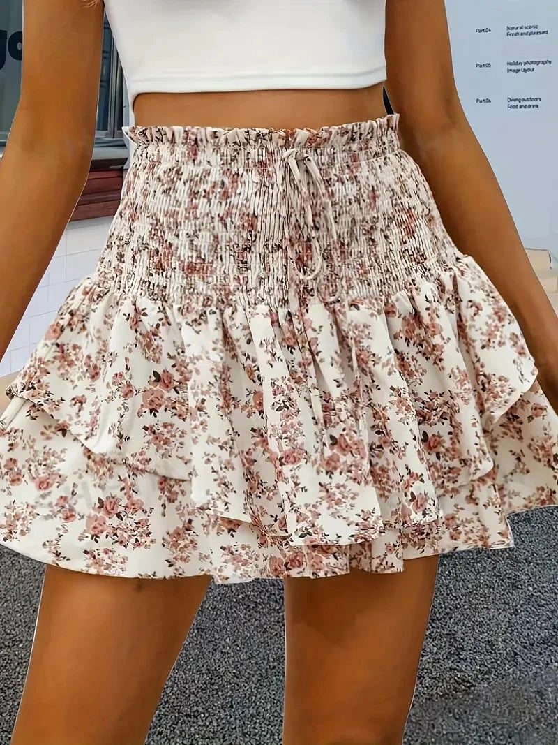 Short femme taille élastique imprimé floral – Casual chic, ourlet superposé, été